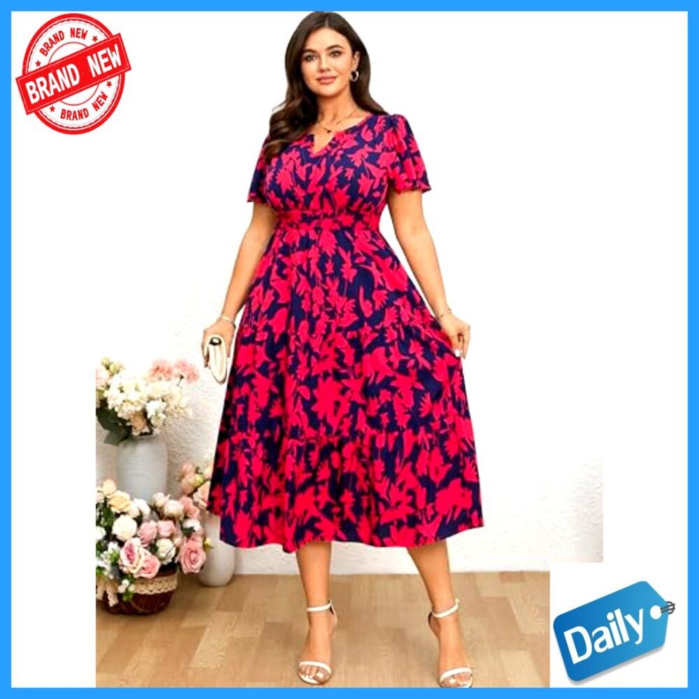 Plus Size Summer Maxi Dress V Neck Smocked Boho Floral Beach Wedding Guest - Picture 3 of 7